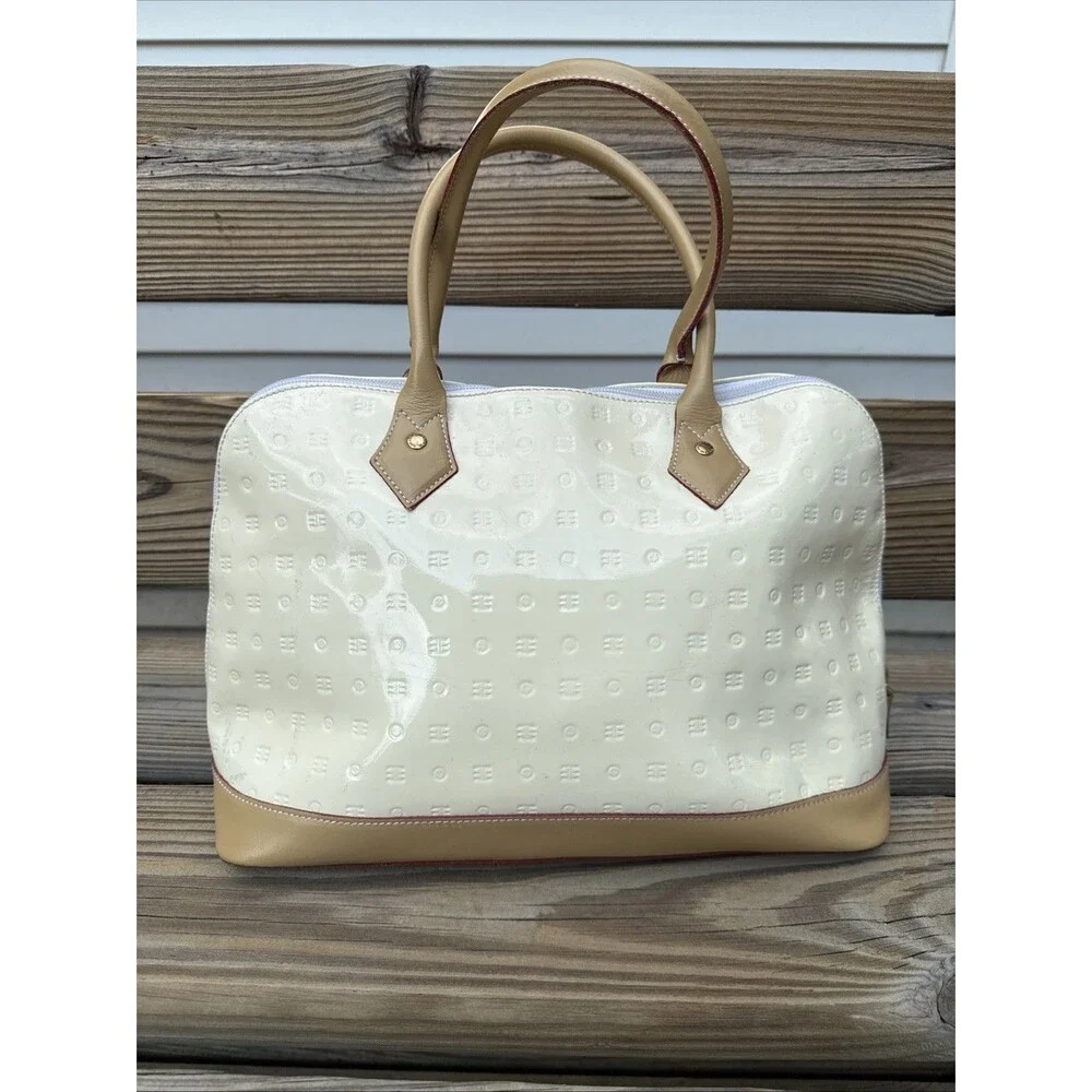 ARCADIA Italy Patent Leather handbang Cream W Gold tone Zip Logo Tan Handles & B - Picture 7 of 11